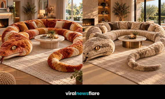 Creative snake sofas featuring oversized curved seating, realistic snake heads and luxurious textured upholstery in stylish modern living rooms.