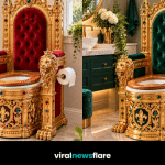 Extravagant royal throne toilet designs featuring purple, emerald green and ruby red upholstery, ornate golden frames and decorative crowns.
