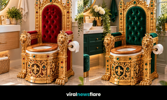 Extravagant royal throne toilet designs featuring purple, emerald green and ruby red upholstery, ornate golden frames and decorative crowns.