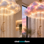 Stunning cloud shower design featuring fluffy illuminated clouds, cascading rainfall and luxurious gold fixtures in a modern bathroom.