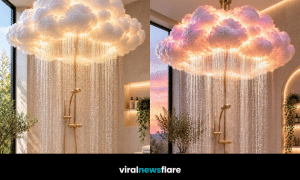 Stunning cloud shower design featuring fluffy illuminated clouds, cascading rainfall and luxurious gold fixtures in a modern bathroom.