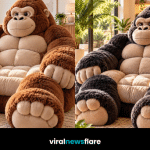Oversized plush gorilla chair with giant padded hands, soft fur and comfortable seating showcasing the imaginative gorilla chairs furniture trend.
