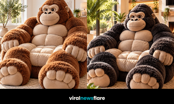 Oversized plush gorilla chair with giant padded hands, soft fur and comfortable seating showcasing the imaginative gorilla chairs furniture trend.