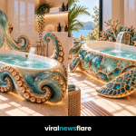 Collection of luxury ocean-inspired bathtubs featuring octopus, sea turtle, crab and seahorse designs with turquoise and gold detailing.