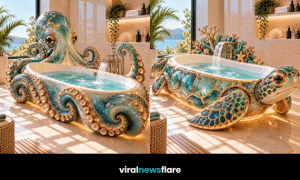Collection of luxury ocean-inspired bathtubs featuring octopus, sea turtle, crab and seahorse designs with turquoise and gold detailing.