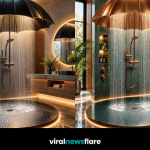 Luxury umbrella shower designs featuring gold, copper, purple and black canopies with cascading rainfall and illuminated circular shower platforms.