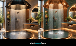 Luxury umbrella shower designs featuring gold, copper, purple and black canopies with cascading rainfall and illuminated circular shower platforms.