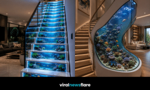 Spectacular aquarium staircase featuring a towering tropical fish tank surrounded by curved stairs in a luxury modern home.