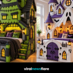 Creative Halloween castle bed designs inspired by Frankenstein, friendly ghosts, witches and gothic haunted houses with glowing windows and spooky decorations.