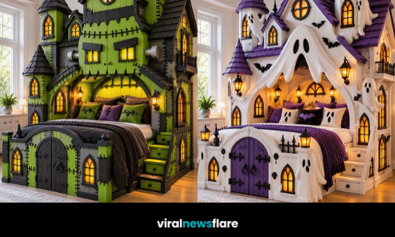 Creative Halloween castle bed designs inspired by Frankenstein, friendly ghosts, witches and gothic haunted houses with glowing windows and spooky decorations.