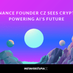 Colourful futuristic digital landscape with mountains and glowing planets, illustrating Binance founder CZ's vision of cryptocurrency powering the future AI economy.