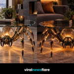Luxury spider coffee table with glowing red mechanical legs and glass tabletop showcasing an unusual gothic furniture design.