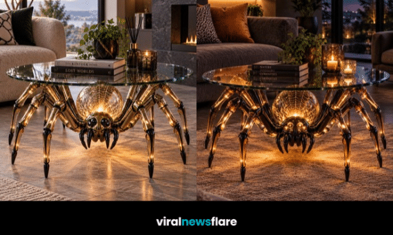 Luxury spider coffee table with glowing red mechanical legs and glass tabletop showcasing an unusual gothic furniture design.