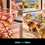 Colourful wildflower resin coffee table combining transparent resin, natural wood and botanical details in a sunlit living room.