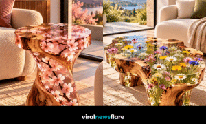 Colourful wildflower resin coffee table combining transparent resin, natural wood and botanical details in a sunlit living room.