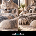Giant plush wolf-shaped bed with oversized furry paws and tail creating a dramatic nature-inspired bedroom centrepiece.