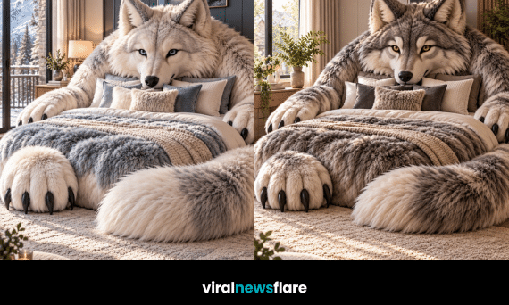 Giant plush wolf-shaped bed with oversized furry paws and tail creating a dramatic nature-inspired bedroom centrepiece.