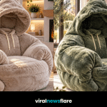 Oversized plush hoodie chair with padded sleeves, large hood and drawstrings creating a cosy statement furniture design