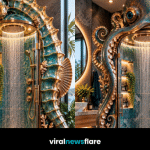 Collection of imaginative ocean-inspired shower designs featuring marine creatures and luxury bathroom styling