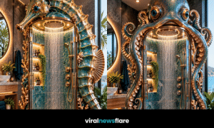 Collection of imaginative ocean-inspired shower designs featuring marine creatures and luxury bathroom styling