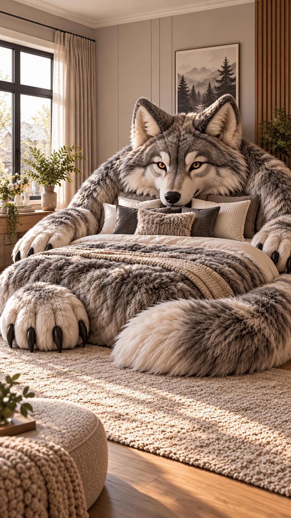 Giant grey and cream wolf-shaped bed with oversized paws and fluffy tail in a modern neutral bedroom.