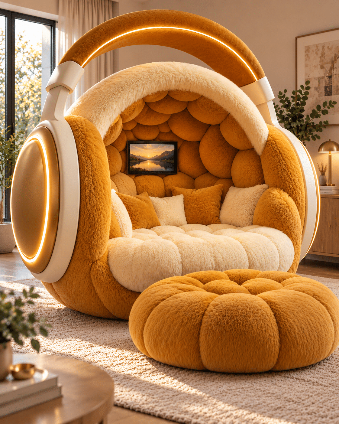 Giant orange headphone reading nook with cream plush seating, illuminated headphone sides, small interior screen and matching footstool.