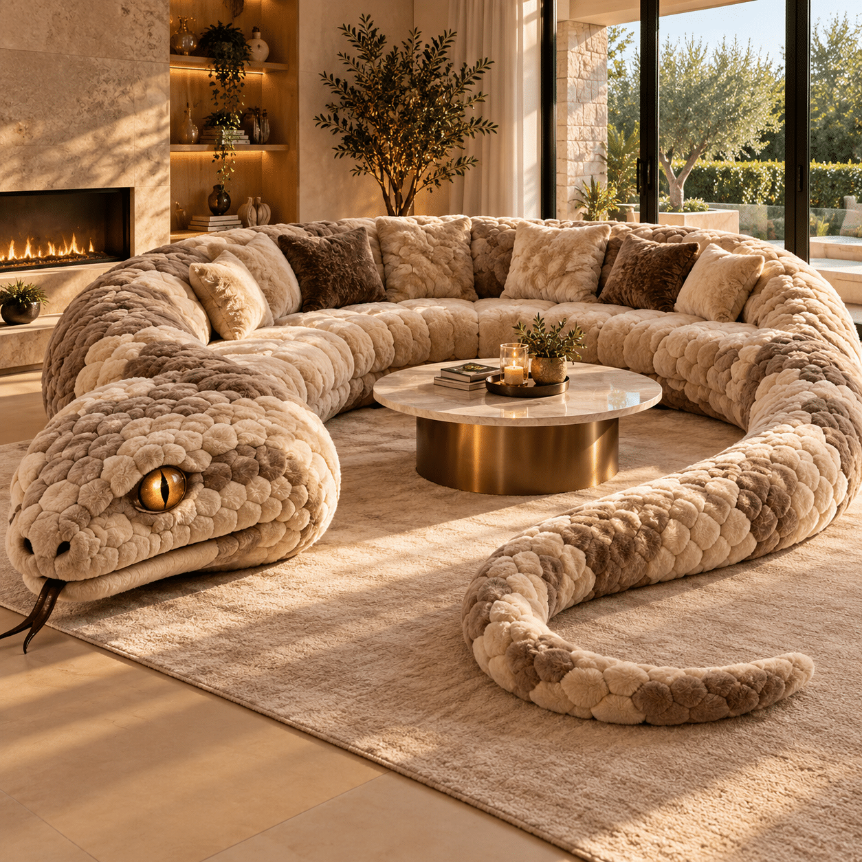 Cream and beige snake sofa featuring plush textured upholstery, golden snake eyes and winding seating in a luxury neutral living room.