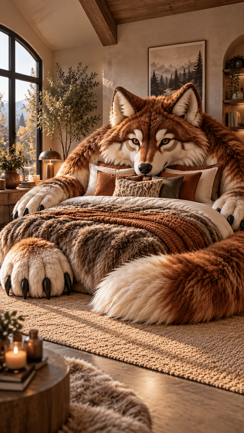 Giant rust and cream wolf bed with oversized furry paws and tail in a warm woodland-inspired bedroom.