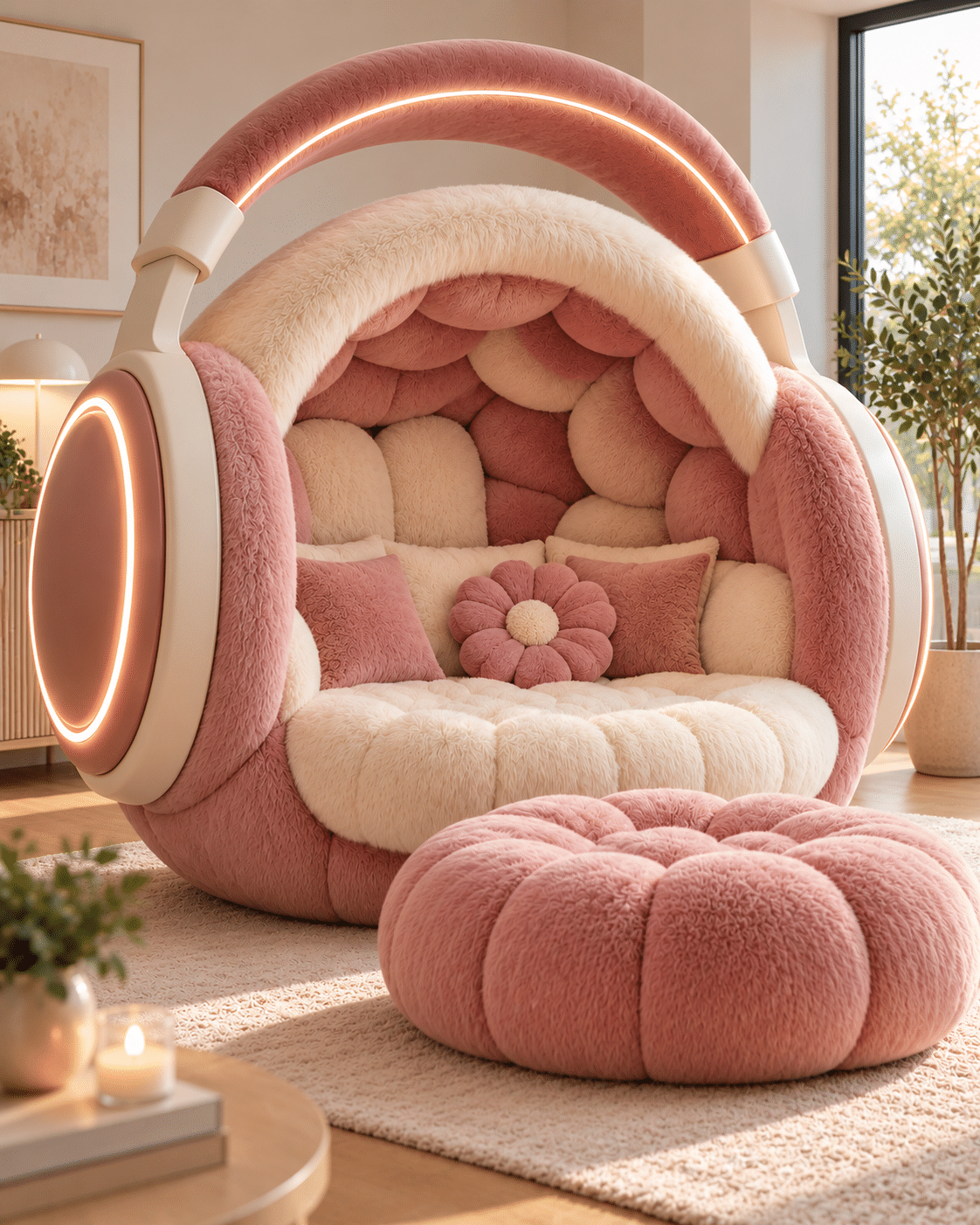 Giant pink headphone reading nook featuring cream plush seating, illuminated headphone details and matching pink footstool.