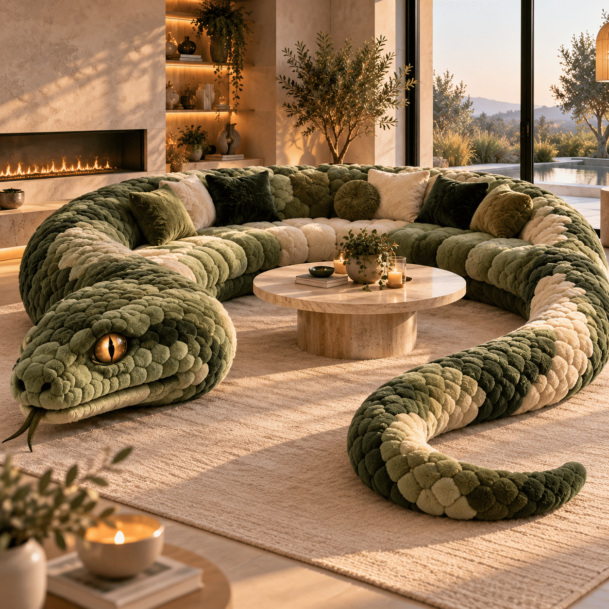 Oversized green snake sofa featuring textured scales, realistic snake head and curved seating in a luxurious modern living room.