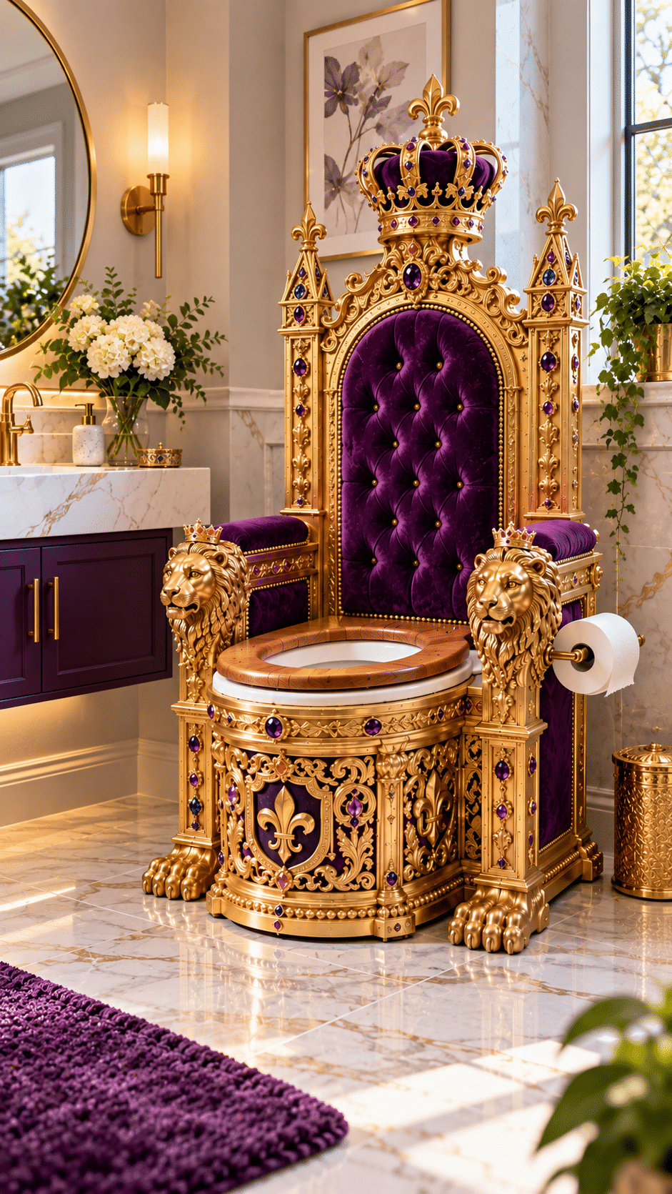 Extravagant purple royal throne toilet featuring gold carvings, a decorative crown, lion sculptures and velvet-style upholstery.