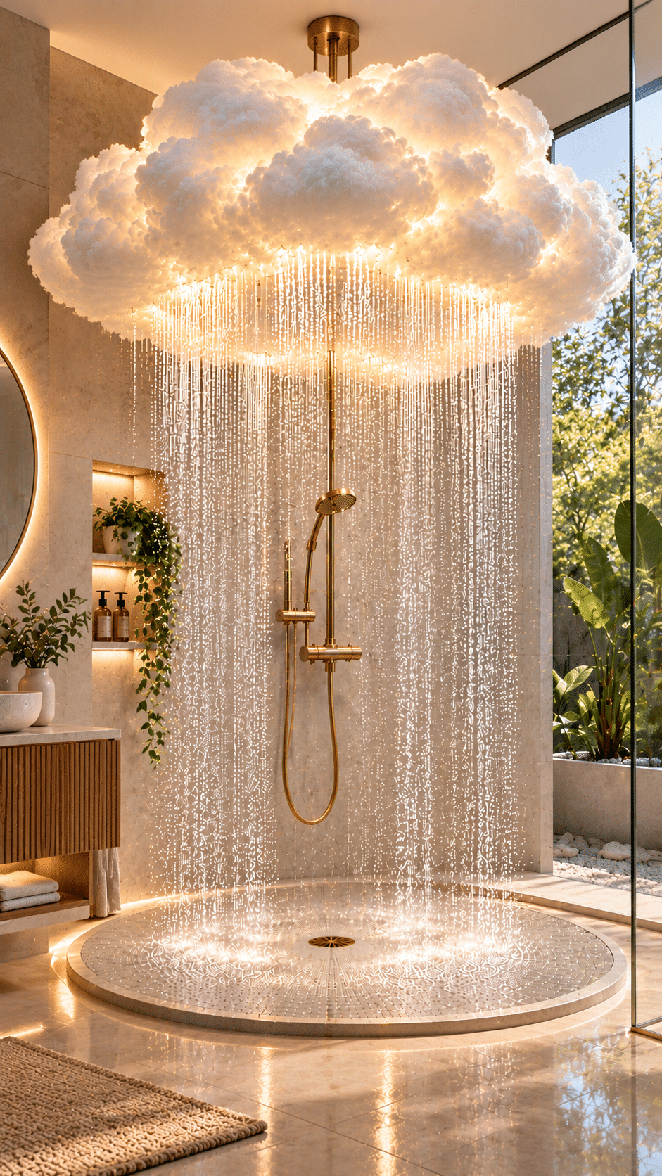 Elegant white cloud shower featuring warm golden illumination, shimmering rainfall, gold shower fittings and a circular base in a contemporary bathroom.