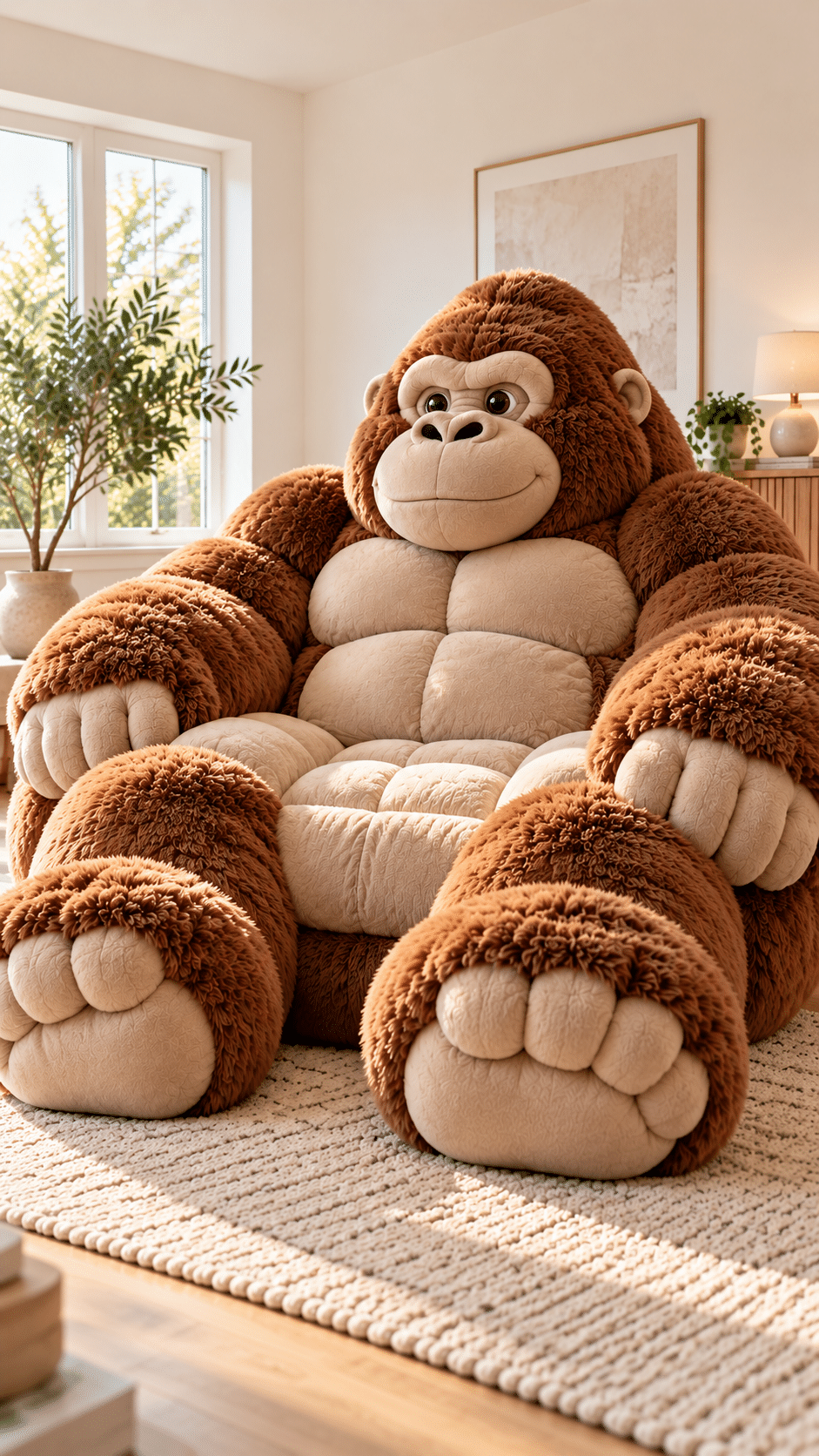 Giant brown gorilla chair featuring plush faux fur, cream padded seating and oversized gorilla hands and feet in a cosy living room.