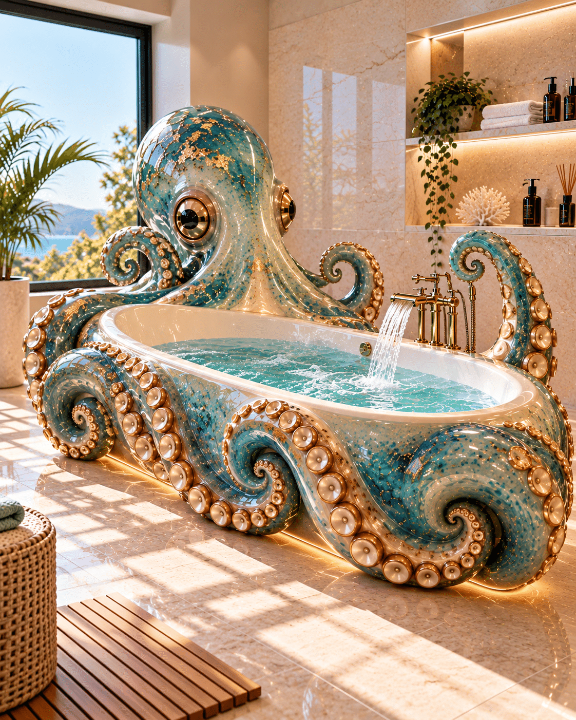 Ocean-inspired octopus bathtub featuring turquoise and gold tentacles, intricate suction cups and a luxurious waterfall tap.