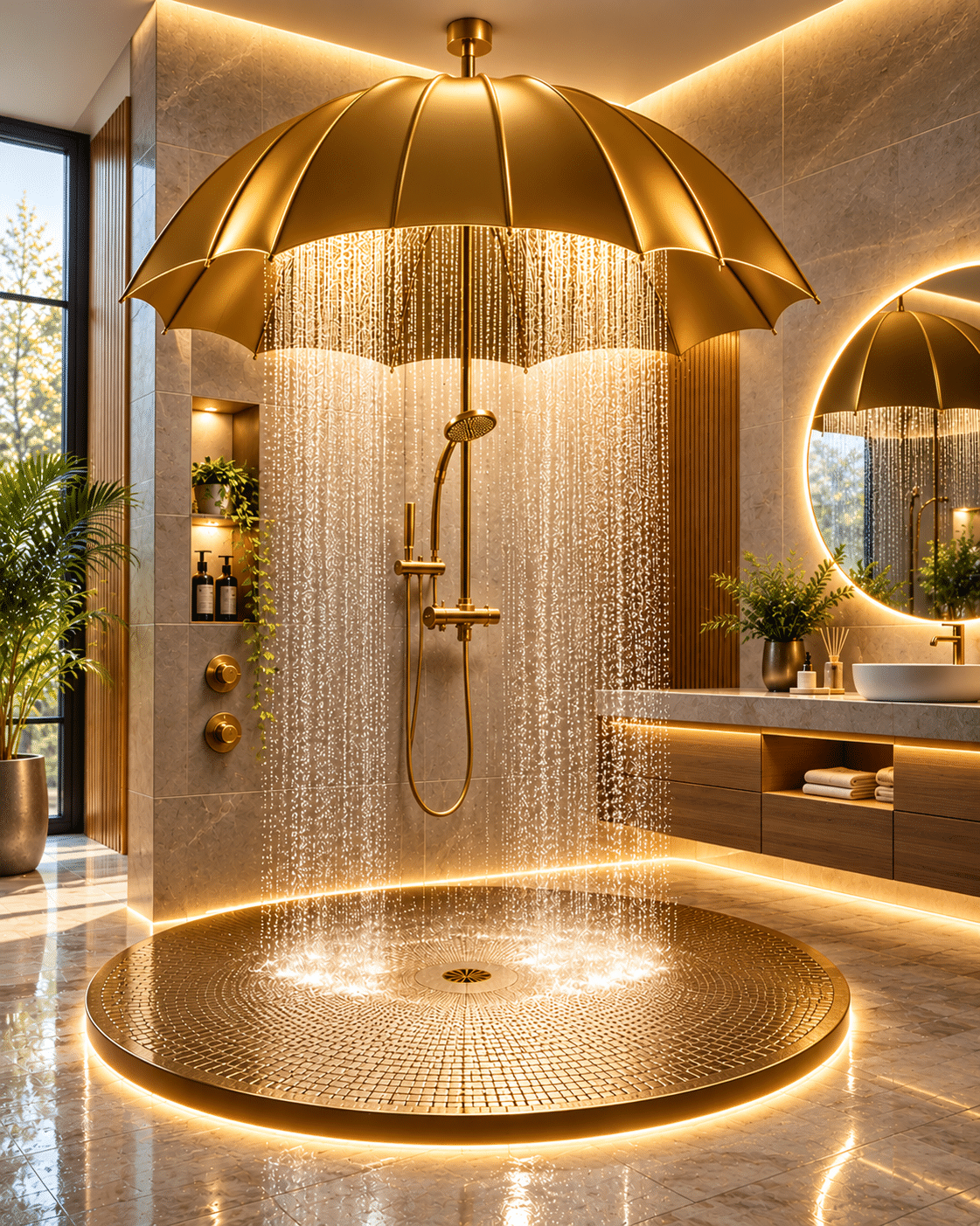 Luxurious gold umbrella shower with cascading rainfall, illuminated circular base and elegant marble bathroom interior.