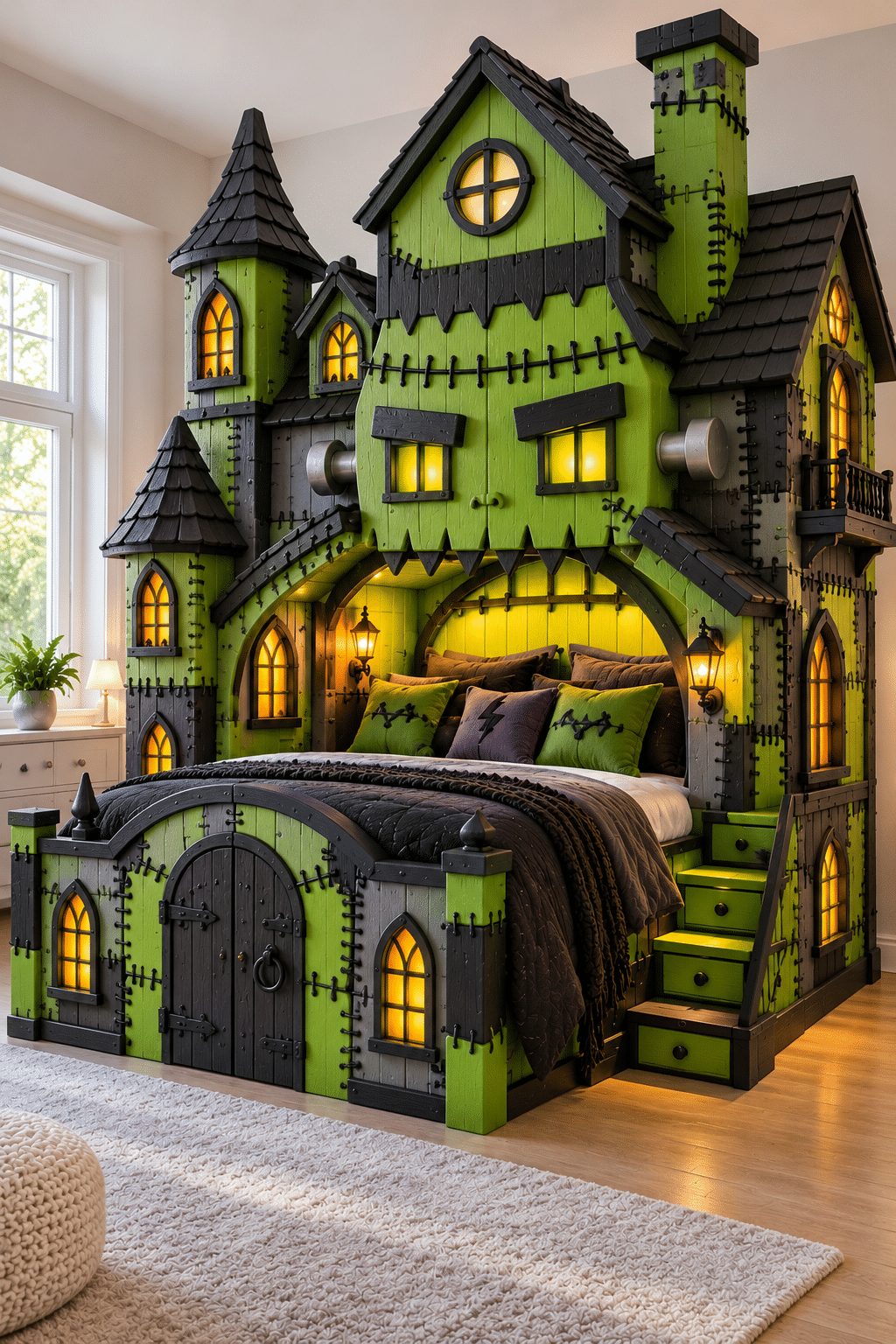 Green and black Frankenstein-inspired Halloween castle bed featuring gothic towers, stitched wooden panels, glowing windows and spooky bedding.