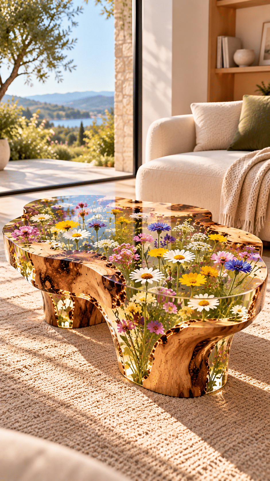 Sculptural floral resin coffee table featuring colourful wildflowers and natural wood in a bright living room.