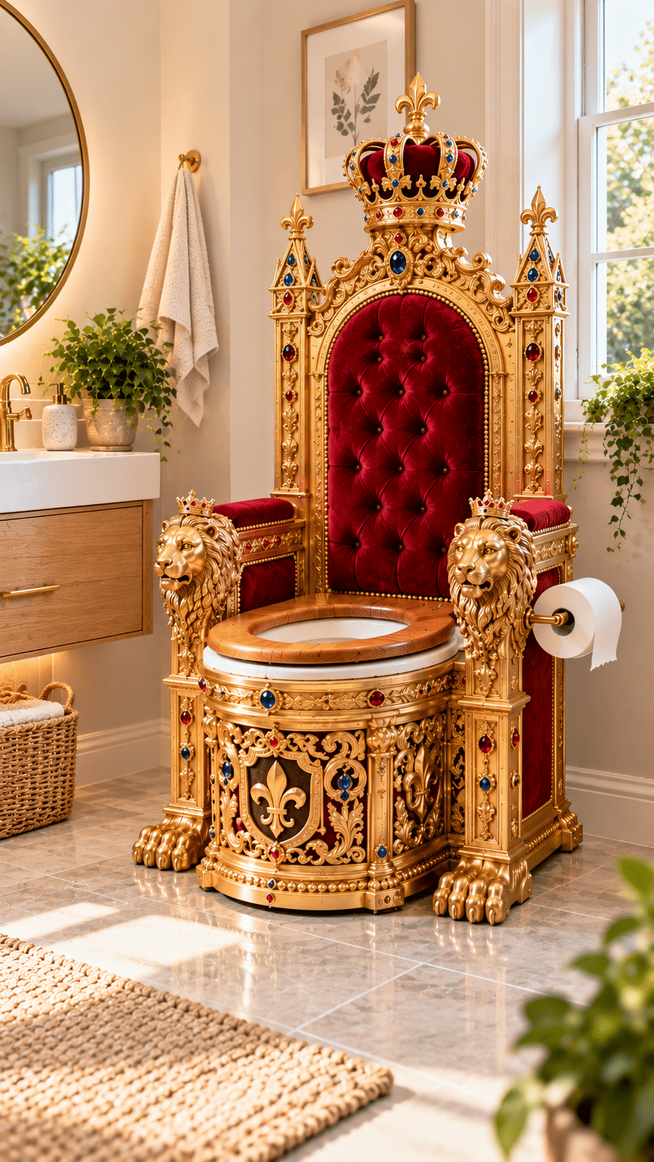 Majestic ruby red royal throne toilet featuring a golden crown, ornate lion armrests and elaborate palace-inspired decorations.
