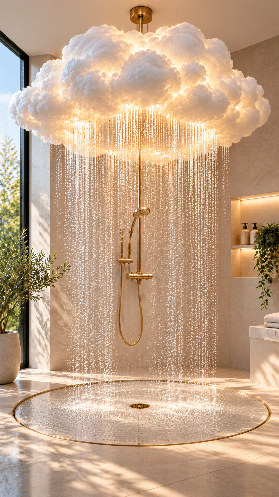 Elegant white cloud shower featuring warm golden illumination, shimmering rainfall, gold shower fittings and a circular base in a contemporary bathroom.