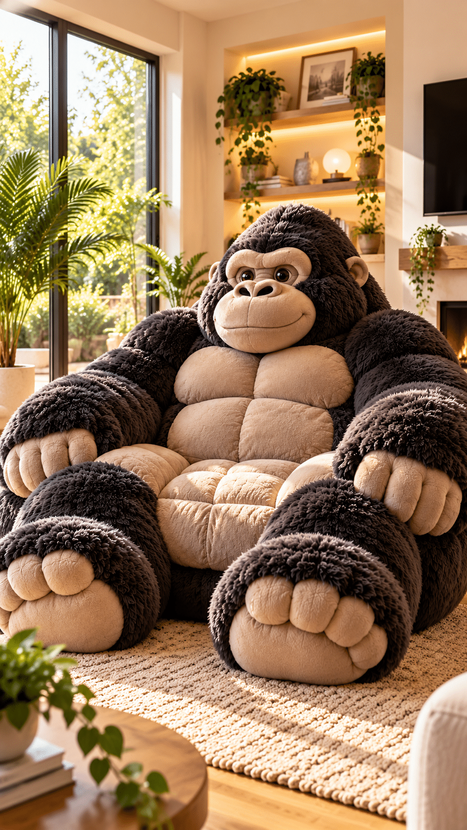 Large black gorilla chair featuring dark plush fur, beige cushioned seating and oversized padded hands and feet in a stylish living room.