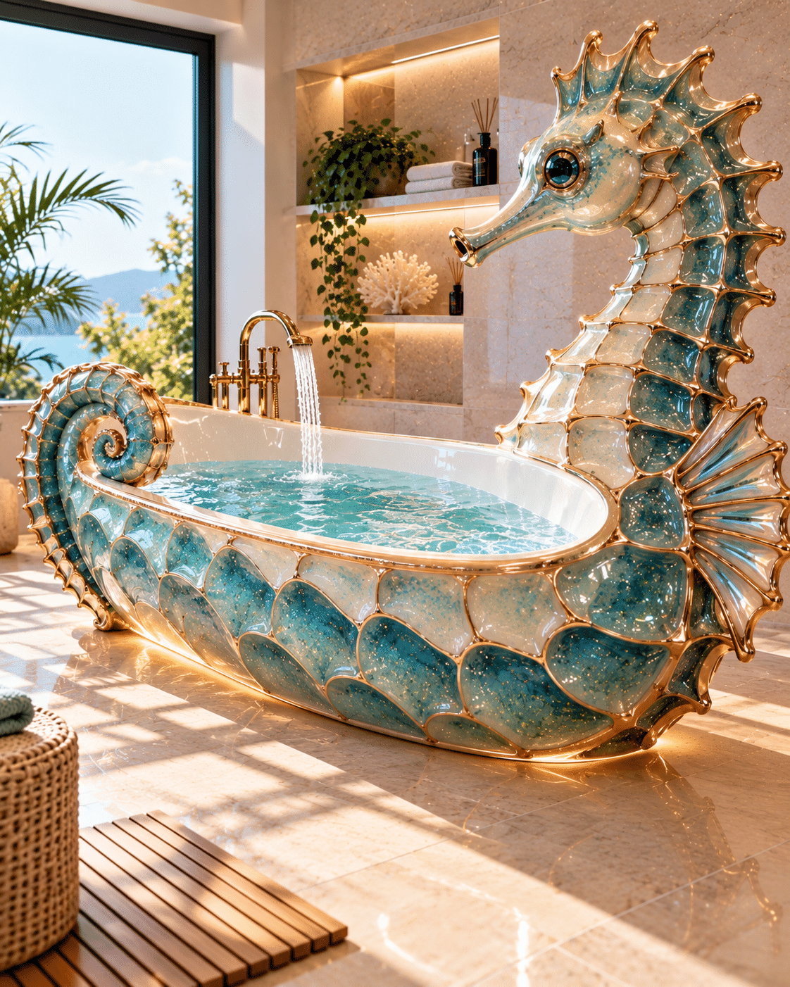 Luxury seahorse bathtub featuring intricate turquoise scales, golden accents and a sculpted seahorse rising above the bathing area.