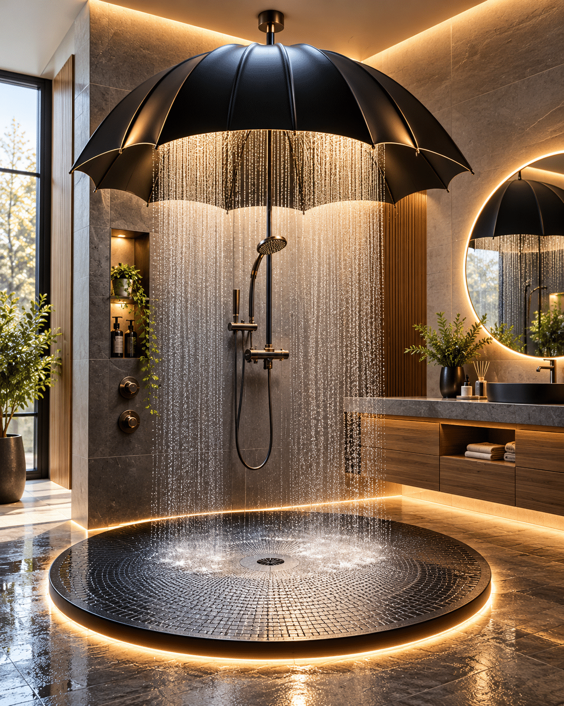 Black umbrella shower featuring cascading rainfall, dark mosaic circular platform and warm lighting in a contemporary bathroom.