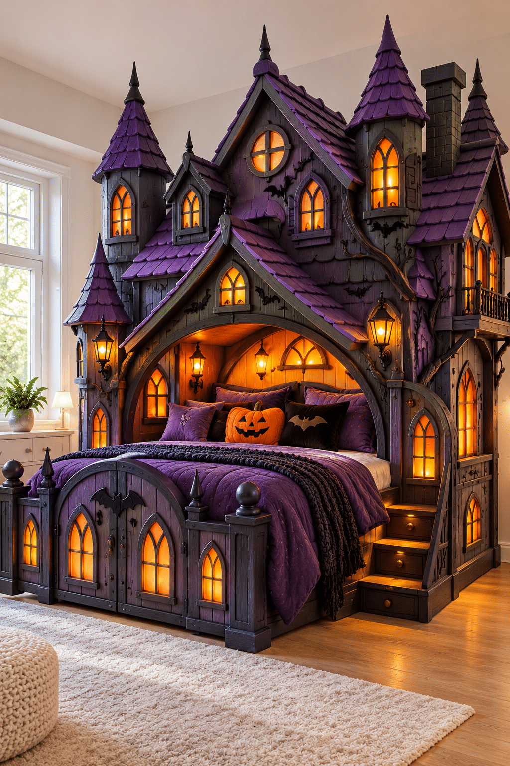 Dark purple gothic Halloween castle bed featuring pointed towers, glowing orange windows, decorative bats and luxurious purple bedding.