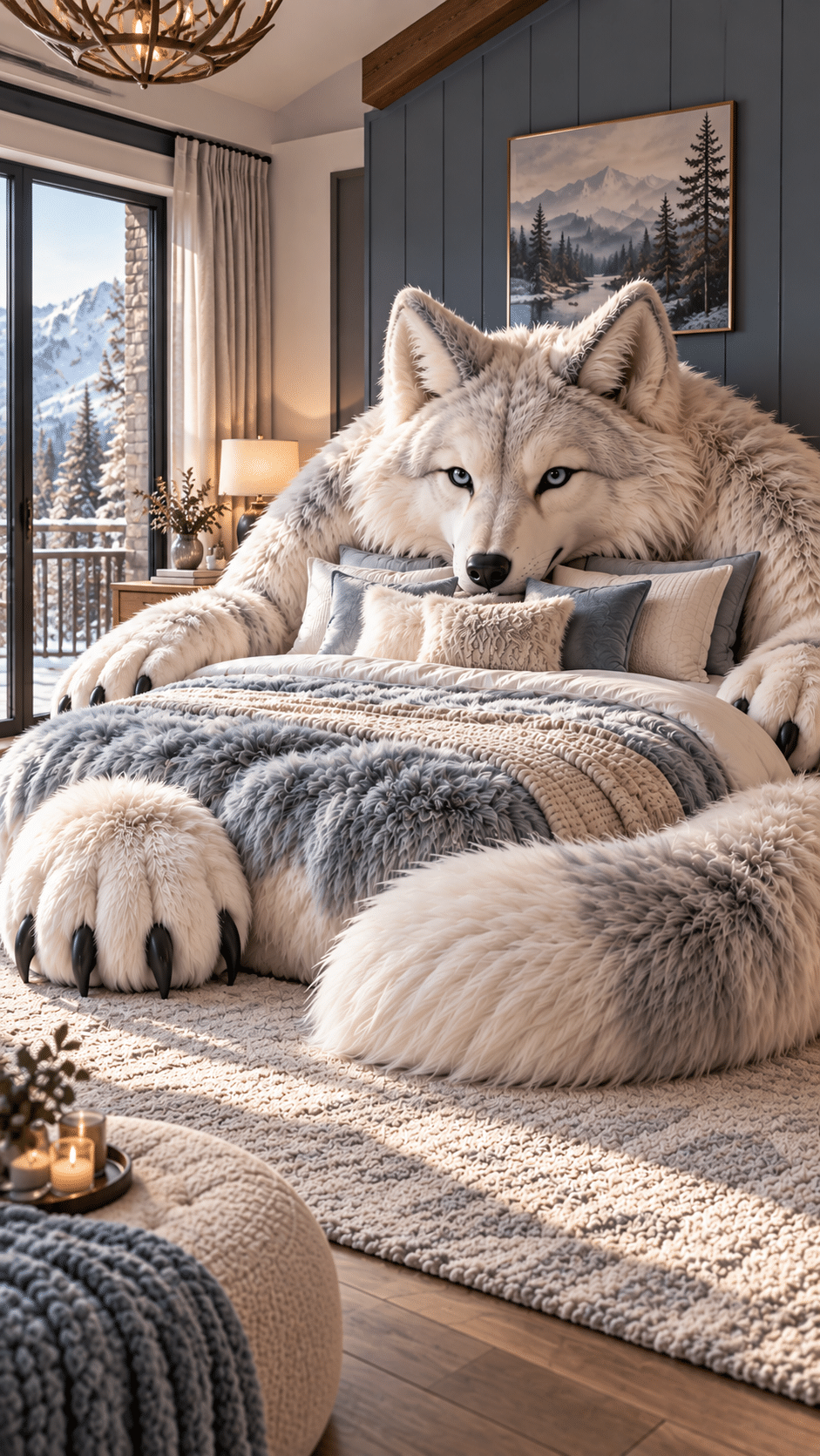 Giant white and grey wolf bed with fluffy paws and tail inside a cosy bedroom overlooking snowy mountains.