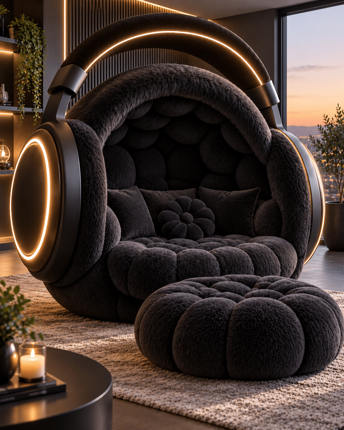 Oversized black headphone reading nook with charcoal plush cushions, warm illuminated accents and matching padded footstool.