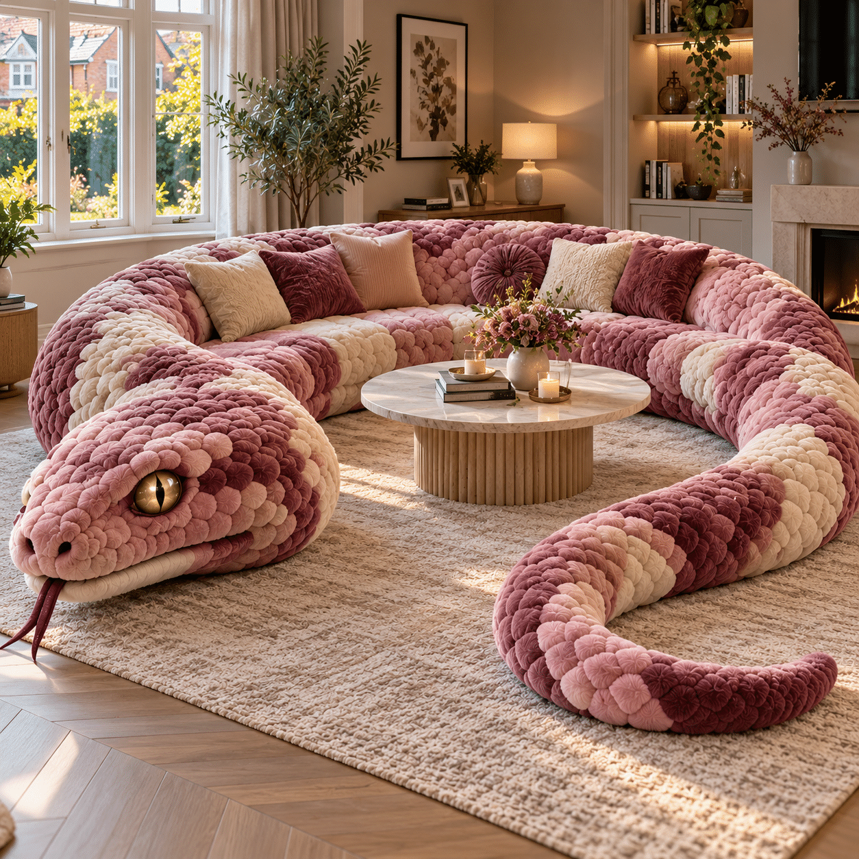 Pink and cream snake sofa with oversized curved seating, decorative cushions and detailed snake head in an elegant living room.