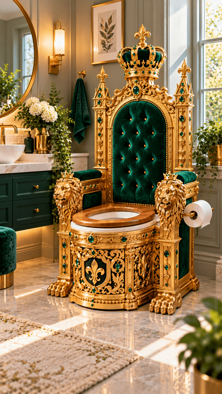Luxury emerald green royal throne toilet with ornate gold detailing, decorative gemstones and crowned lion sculptures in an elegant bathroom.