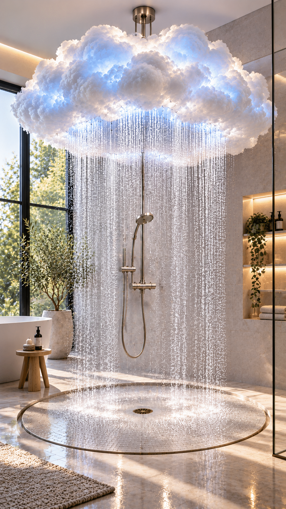 Dreamy cloud shower with soft blue lighting, sparkling rainfall, modern silver fixtures and a circular shower floor in a luxurious bathroom.