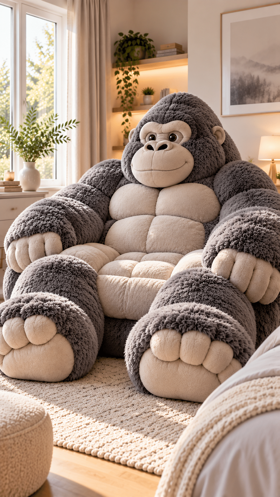 Oversized grey gorilla chair with soft textured fur, cream cushions and giant padded feet in a modern neutral living room.