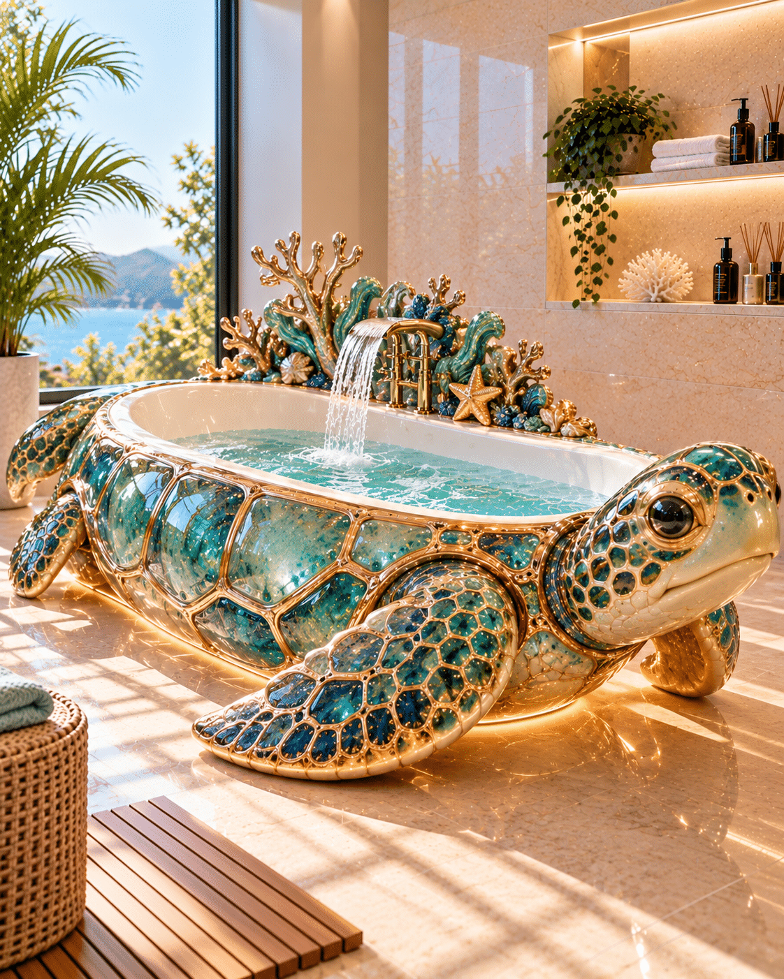 Unique sea turtle bathtub featuring a turquoise mosaic-style shell, golden detailing and sculpted flippers in a luxury bathroom.